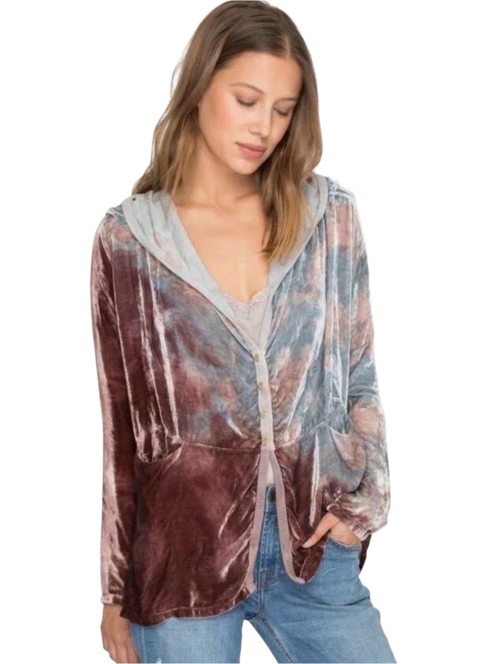 NWT Johnny Was "Ashton" Hooded Velvet Jacket Tie Dye Brown Grey Medium Boho M